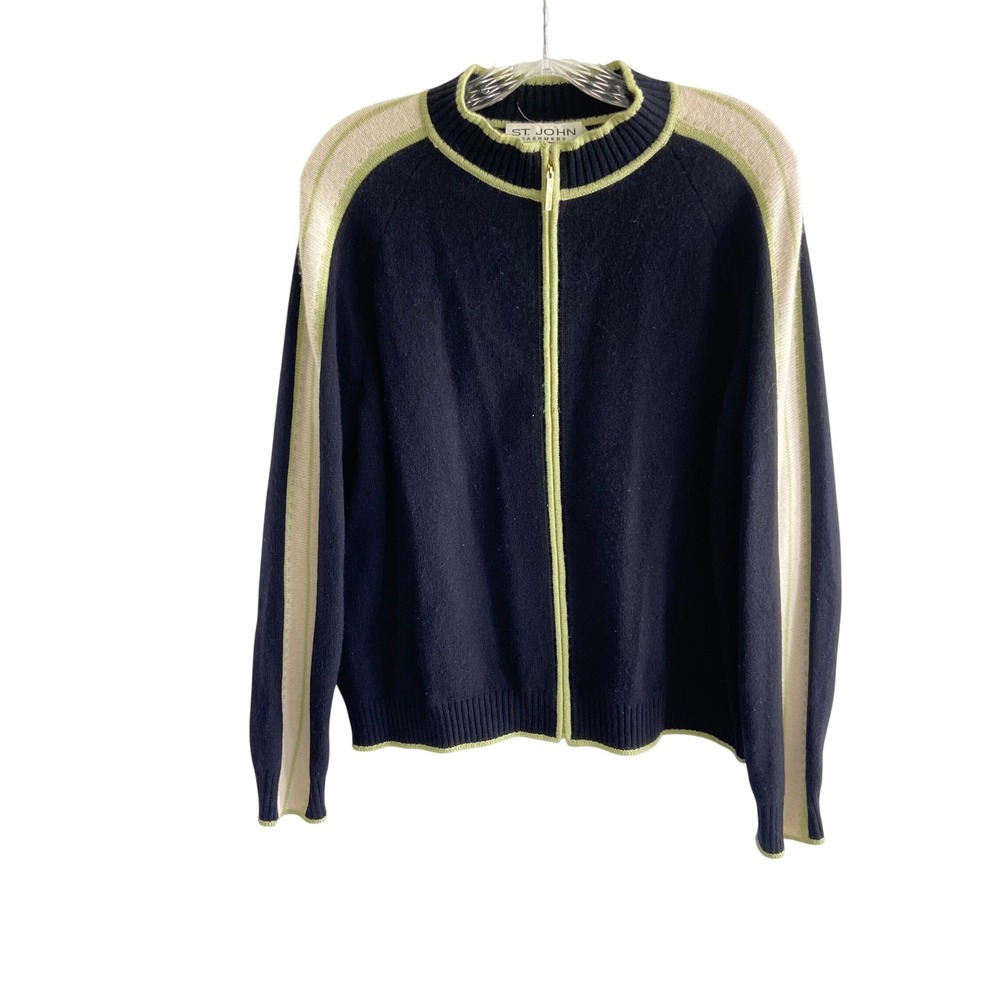 St John Cashmere Marie Gray Full Zip Sweater Black Green Stripe Mock Neck Large